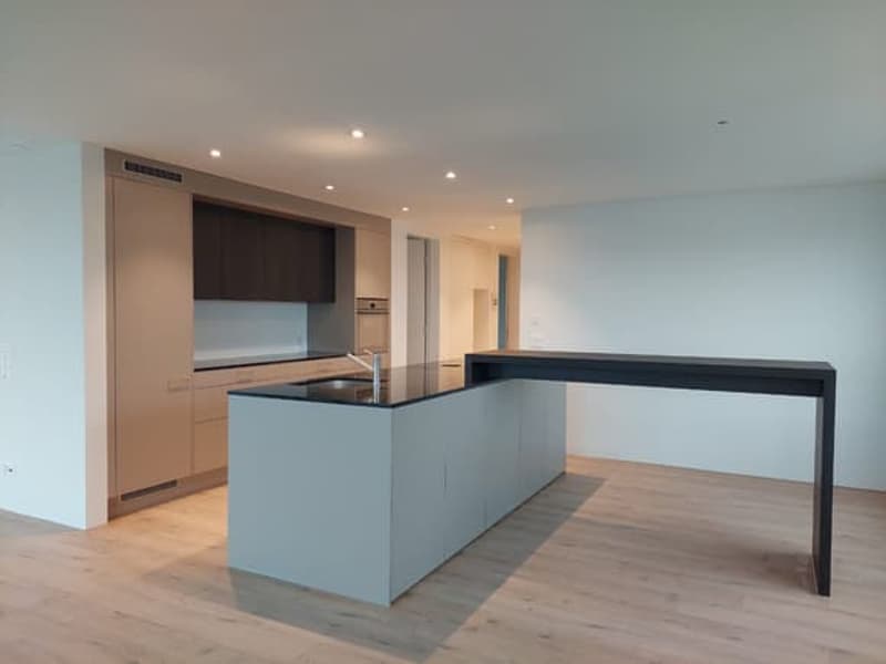modern kitchen with island, granite countertop, stainless steel sink, faucet, wooden floor, white walls, cabinets