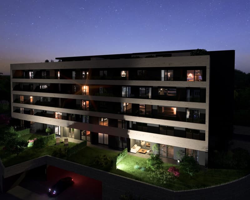 Modern apartment building with 6 floors, balconies, underground parking, and landscaped garden