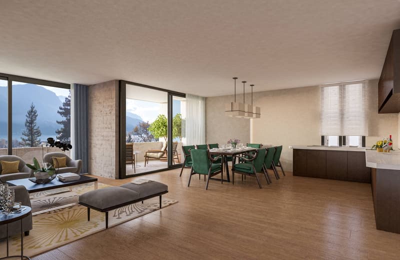 modern open-plan living and dining area with large windows, wooden floor, dining table, chairs, balcony, kitchen island, chandelier