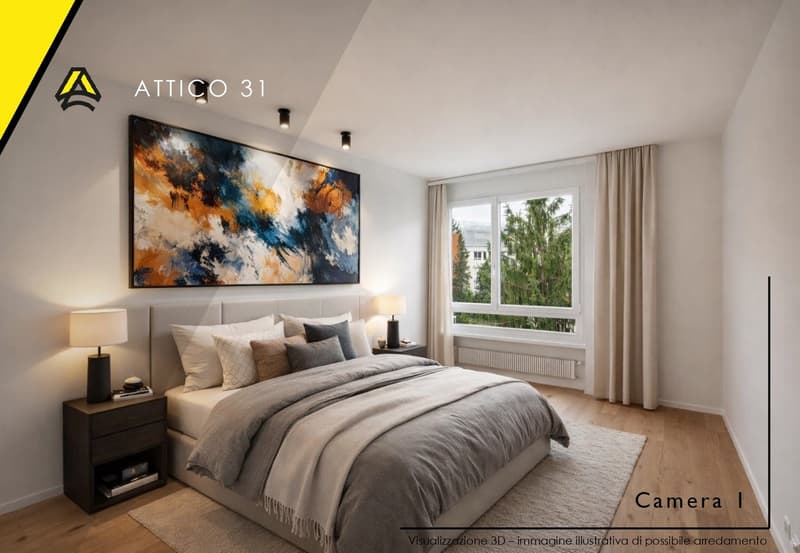 A bedroom with a bed, nightstands, lamps, a painting, and curtains. The room has a rug and books on the nightstands.
