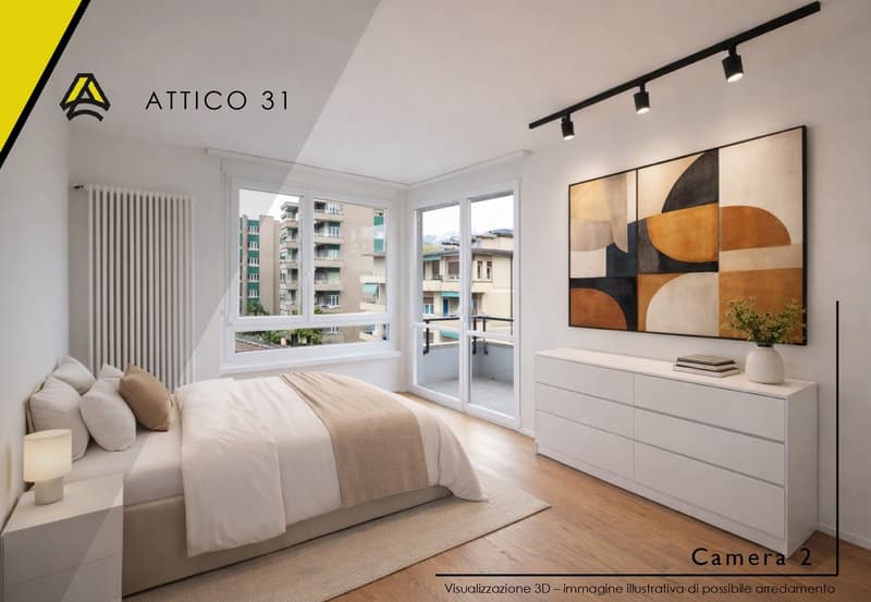Modern bedroom with a bed, nightstand, lamp, dresser, and a large painting on the wall. The room has a balcony with a view of the city.