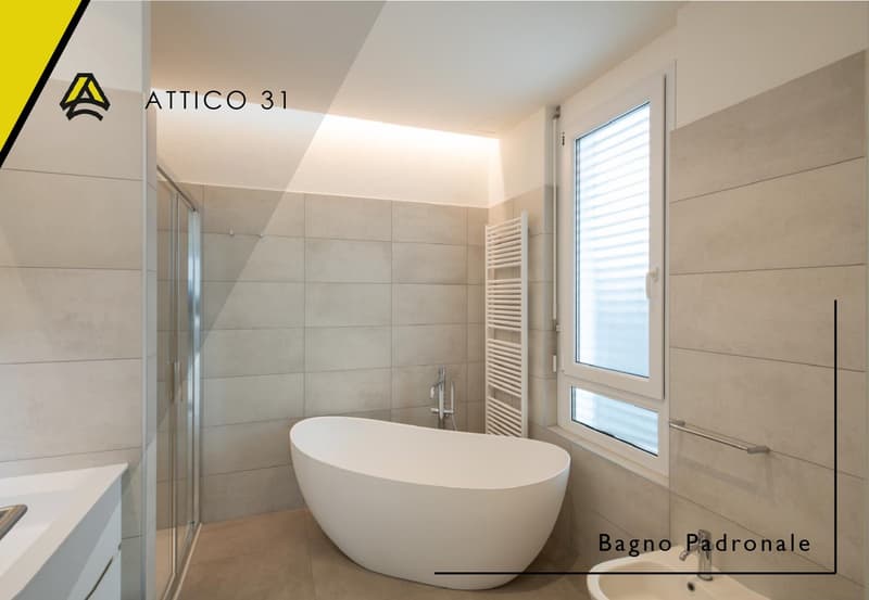 Modern bathroom with a white bathtub, glass shower enclosure, white sink, and beige tiles.