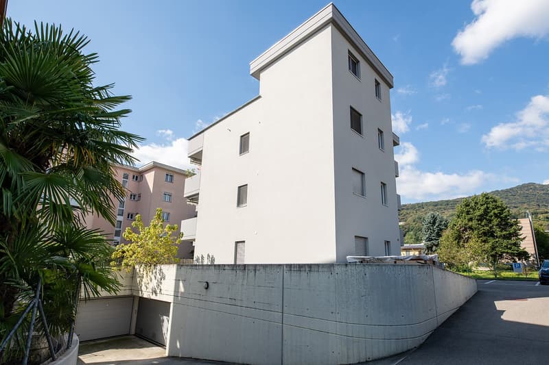 Modern white building, multiple windows, garage entrance, concrete wall, greenery
