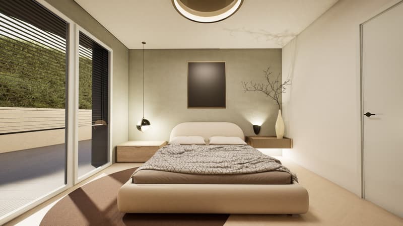 modern bedroom with a bed, nightstands, a picture frame, a vase, and a balcony