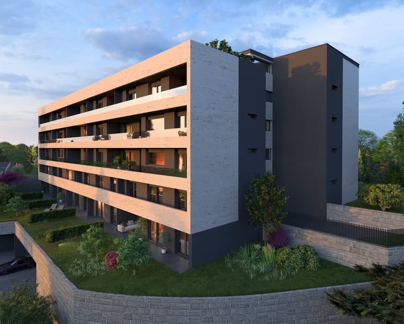 Modern apartment building with multiple floors, balconies, and a landscaped garden area.