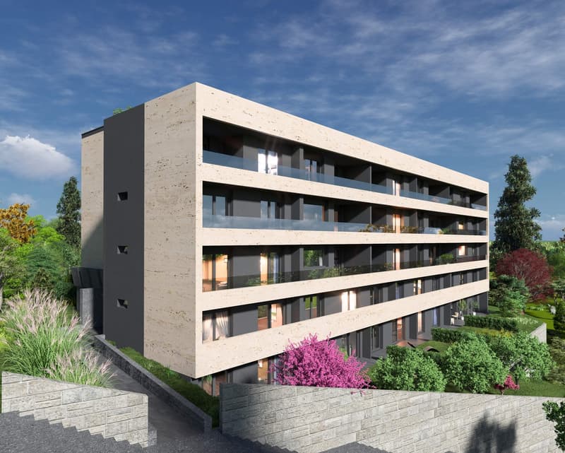 Modern apartment building, multiple floors, balconies, concrete and glass exterior, surrounded by greenery