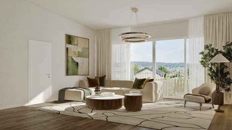 Modern style living room, beige sofa, two side tables, wooden floor, glass sliding door, balcony, view of the landscape