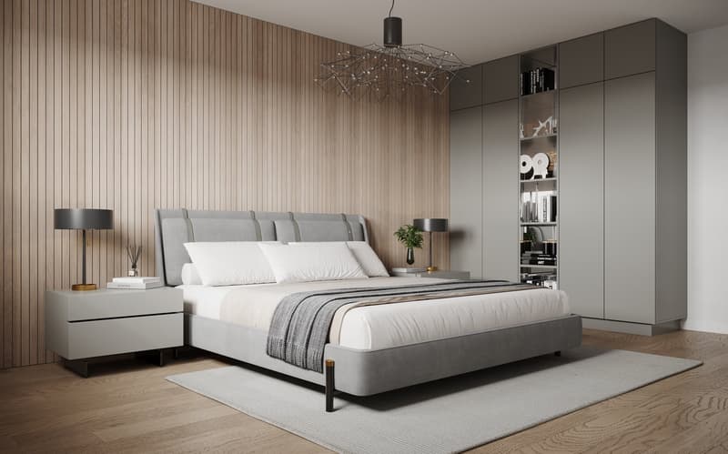 Modern bedroom with wooden wall, gray bed, white nightstands, gray rug, chandelier, and built-in wardrobes