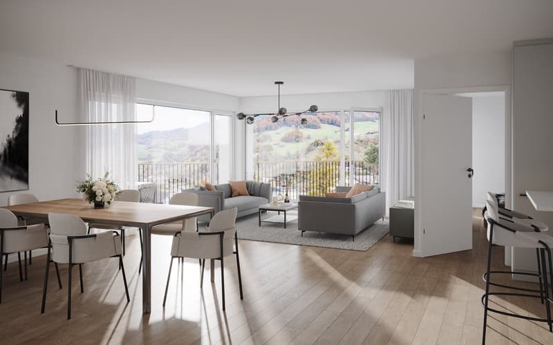 modern living room with wooden floor, large windows, balcony, two sofas, coffee table, dining table, chairs, chandelier, artwork, bar stools