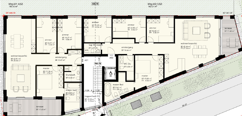 Living room, kitchen, 4 bedrooms, 2 bathrooms, terrace, master bathroom, master bedroom, entrance, storage, lift, WC, stairs