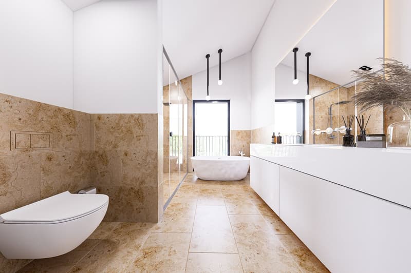 modern bathroom, white fixtures, beige tiles, bathtub, walk-in shower, vanity, mirror