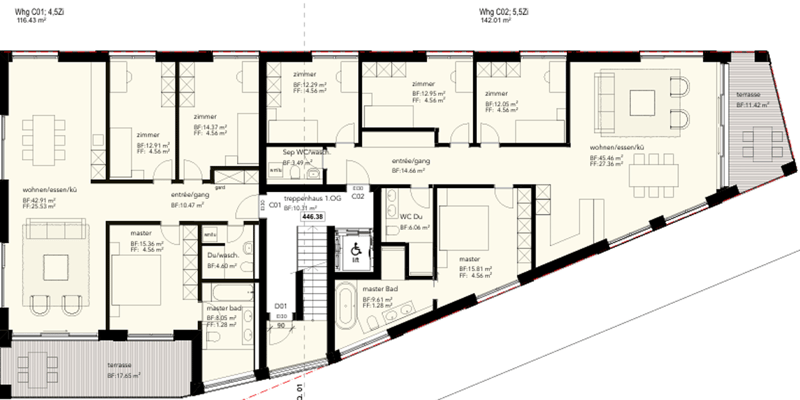 Living room, kitchen, 3 bedrooms, 2 bathrooms, balcony, terrace