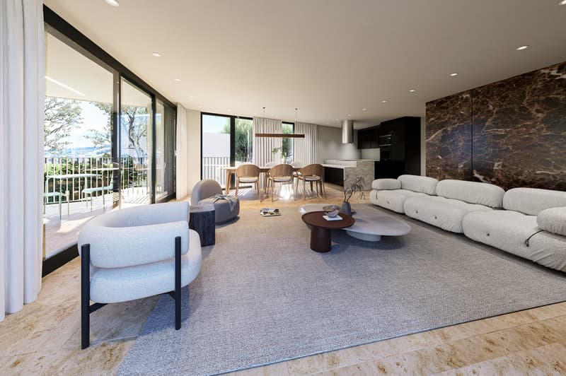 modern living room, large windows, balcony, dining table, modern furniture, marble flooring