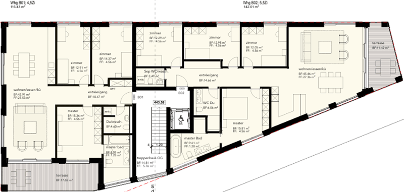 living room, kitchen, 4 bedrooms, 2 bathrooms, balcony, terrace