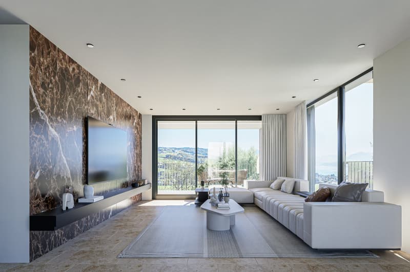 modern living room with large windows, white couch, coffee table, TV, marble wall, balcony