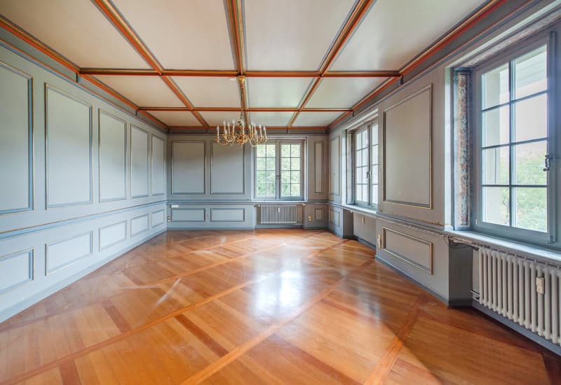 large room, wooden floor, chandelier, radiators, windows