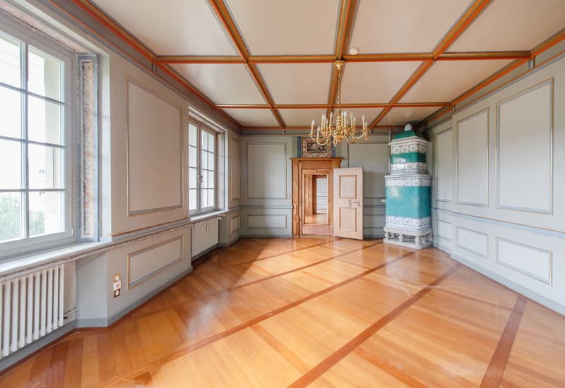 large room, wooden floor, chandelier, fireplace, radiators, windows, doors