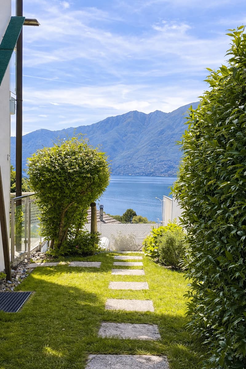 Pathway leading to a lake view, surrounded by greenery, mountains in the background