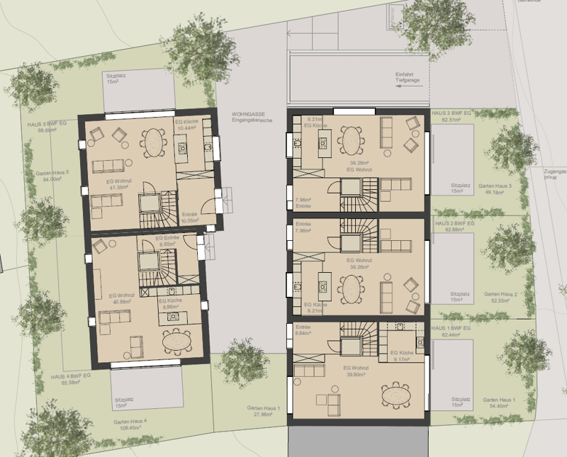 Ground floor plan includes entry, living room, dining room, kitchen, and bedroom. Two upstairs plans, each with entry, living room, dining room, bedroom, bathroom, and balcony. Garden spaces and parking spots are shown.