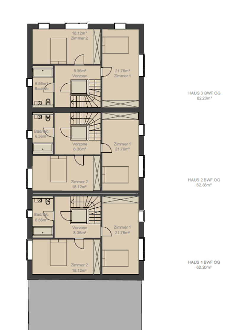 Bathroom, WC, Vorzone, Zimmer 1, Zimmer 2