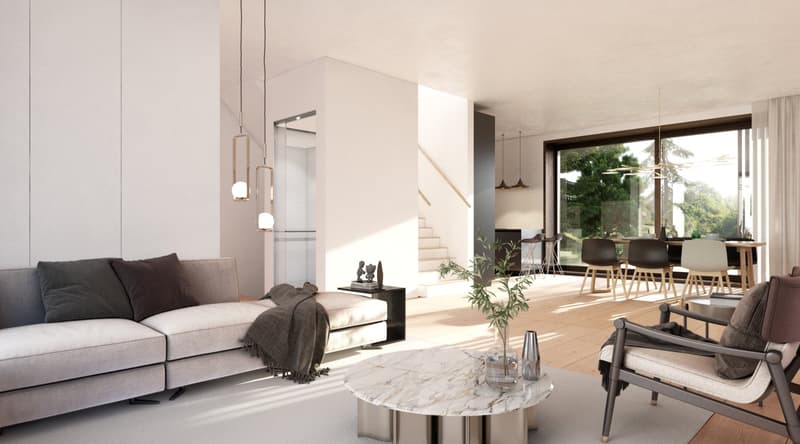 Living room with couch, sofa bed, table, wooden floors, pendant lamps, and staircase in background