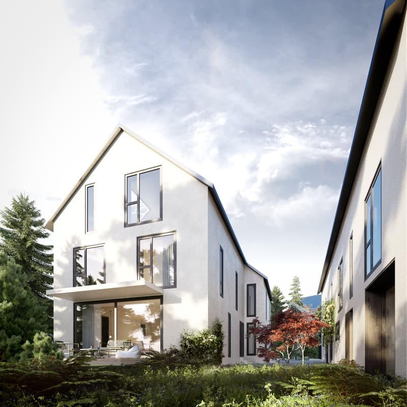 Modern 2-story house with glass windows, large patio, white exterior, garden with trees and plants