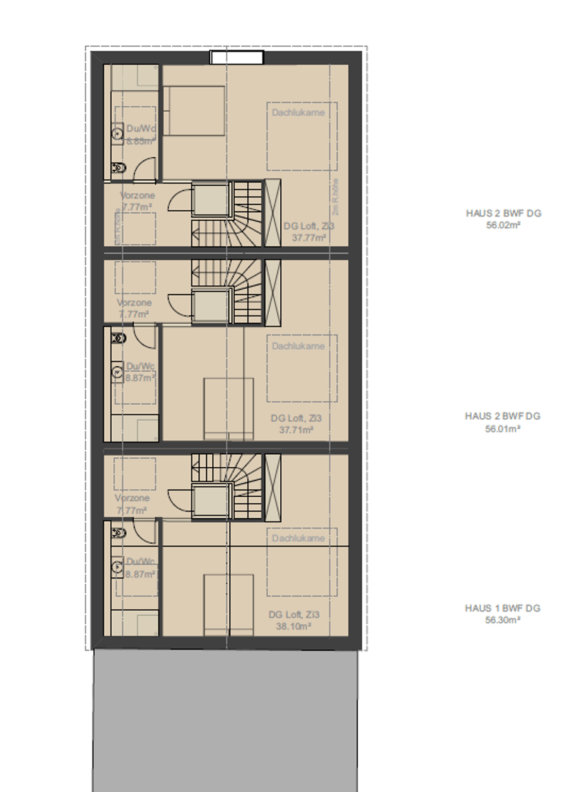 Floor plan of a 2-storey apartment building with three units, each with 3 rooms, a bathroom, and a storage room. Dimensions for each room provided. Ground floor has a terrace.