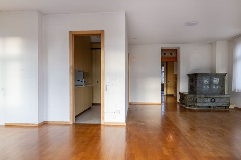 Open room, fireplace, wooden floor, wooden doors, kitchen area
