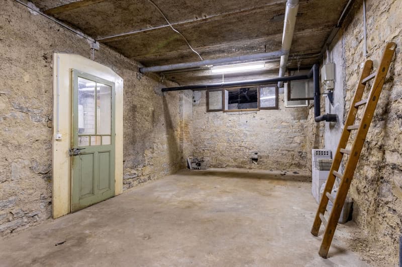 Empty room with stone walls, concrete floor, a ladder, door, windows, and pipes