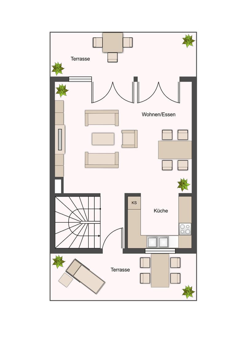 living/dining room, kitchen, 2 terraces