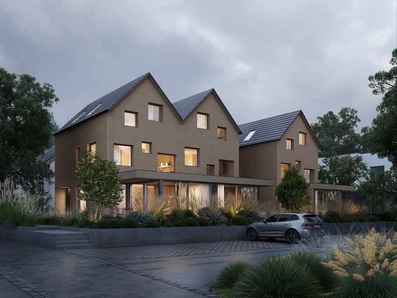 Modern 2-story house, brown exterior, large windows, solar panels, driveway, car parked, garden, trees