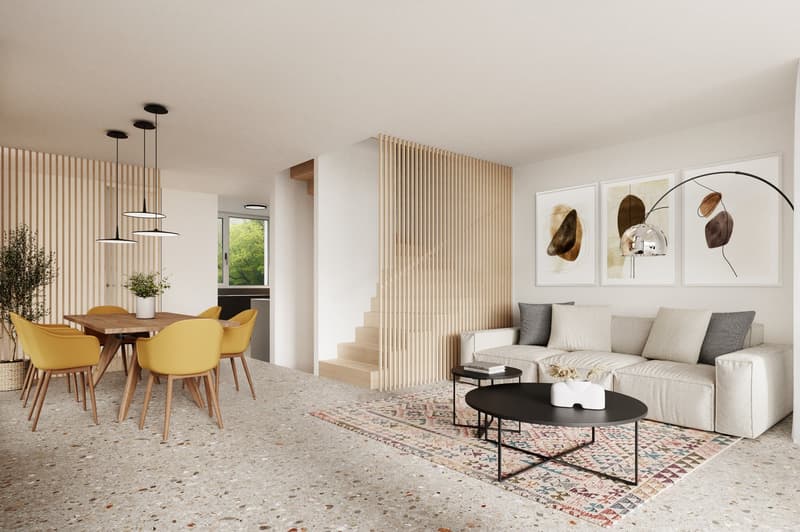 modern living room with white couch, wooden dining table, yellow chairs, wooden floor, white walls, decorative lamps, rug, and artwork