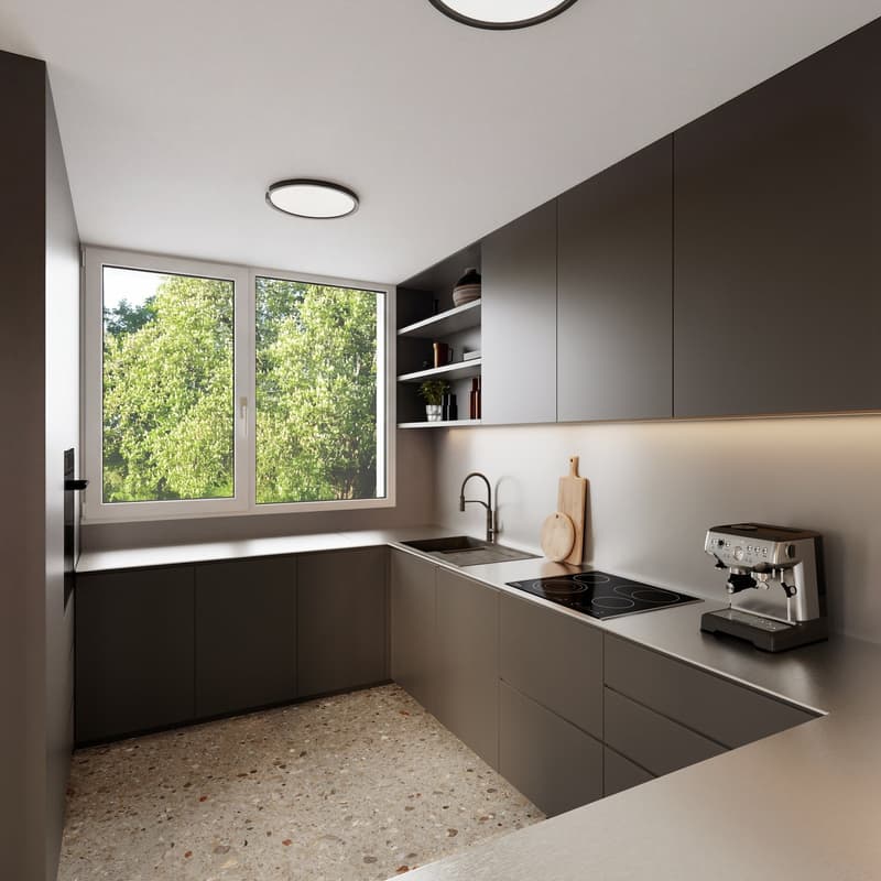 modern kitchen with granite countertops, stainless steel appliances, large window with view of trees, under cabinet lighting, open shelving