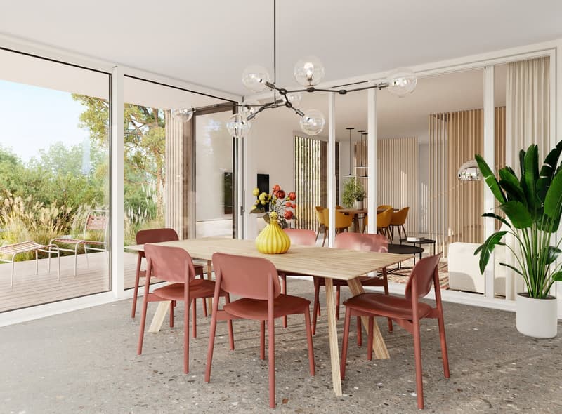 Dining table with 6 chairs, wooden table, glass doors, balcony, plants, chandelier