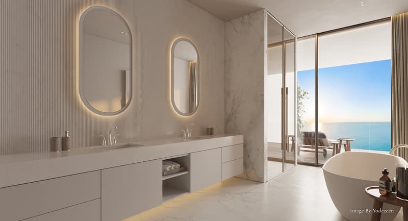 modern bathroom, white marble, double sink, large mirror, bathtub, ocean view