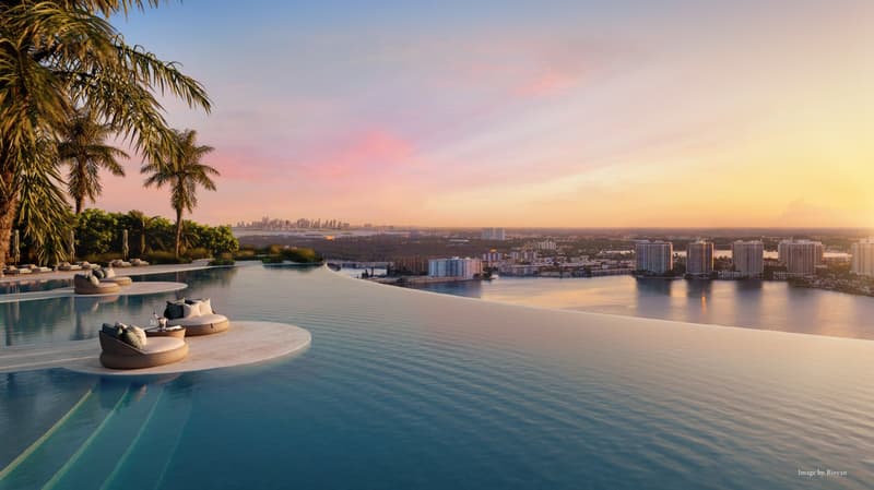 infinity pool, lounge chairs, palm trees, city skyline view