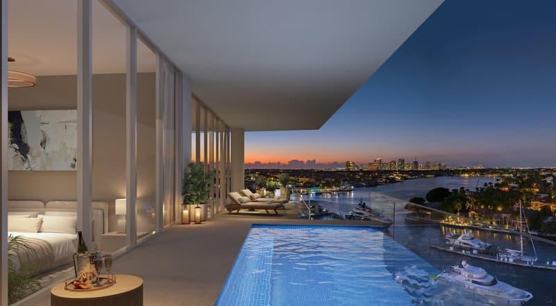 bedroom with bed, balcony with lounge chairs, swimming pool, view of the city