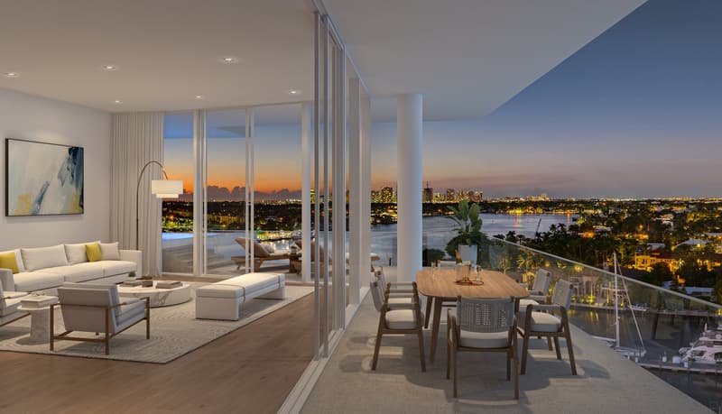 modern living room, large windows, balcony, city view, white couch, wooden table, chairs, floor lamp, rug