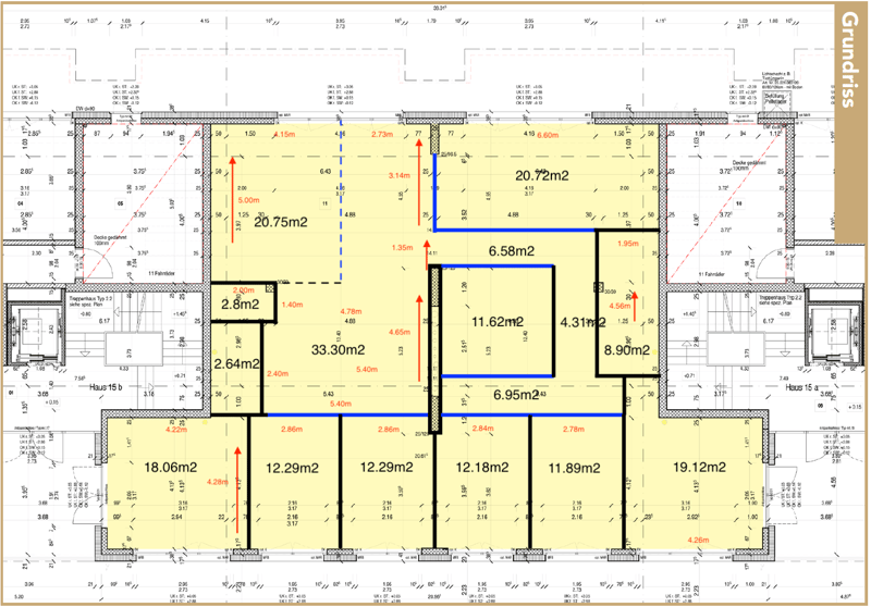 Floor plan with multiple rooms, including living room, kitchen, bedrooms, bathrooms, and storage areas.