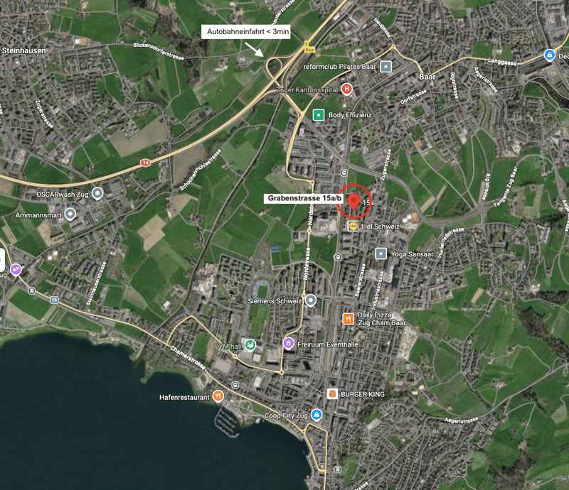 Map of Zug, Switzerland, showing various locations such as Grabenstrasse 15a/b, Zuger Kantonsspital, and other landmarks.