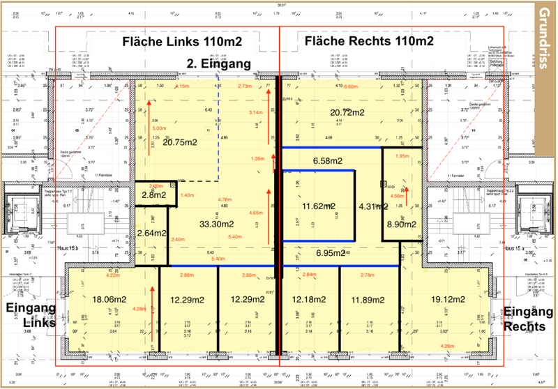 Floor plan with entrance, living room, kitchen, 2 bedrooms, 2 bathrooms, balcony