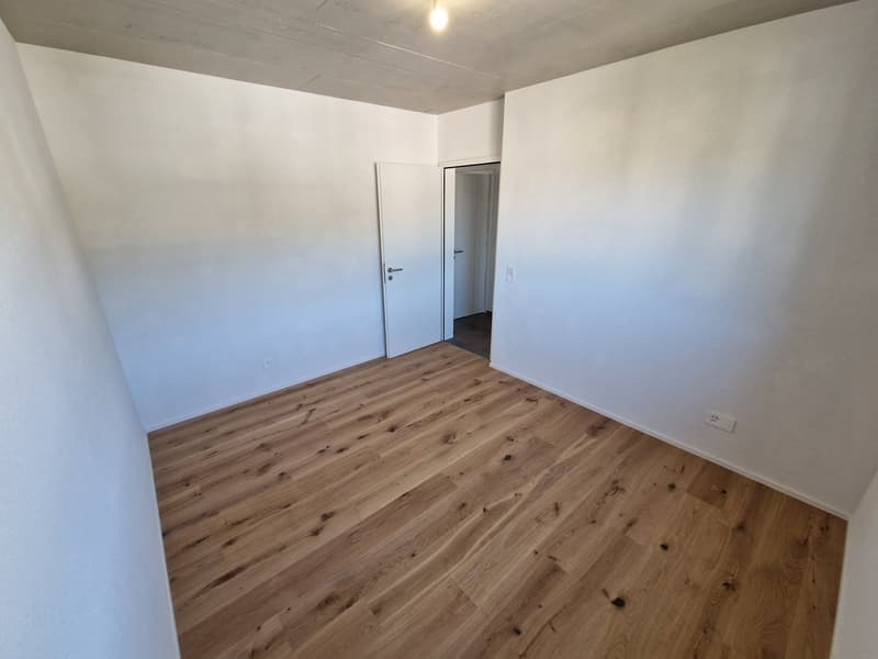 empty room, white walls, wooden floor, white door, power outlet