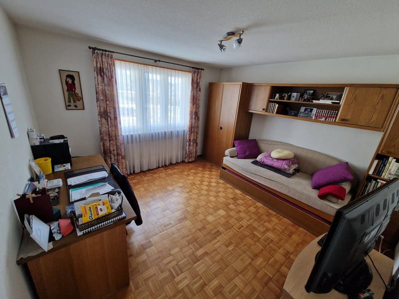 A room with a desk, couch, bookshelf, and monitor.