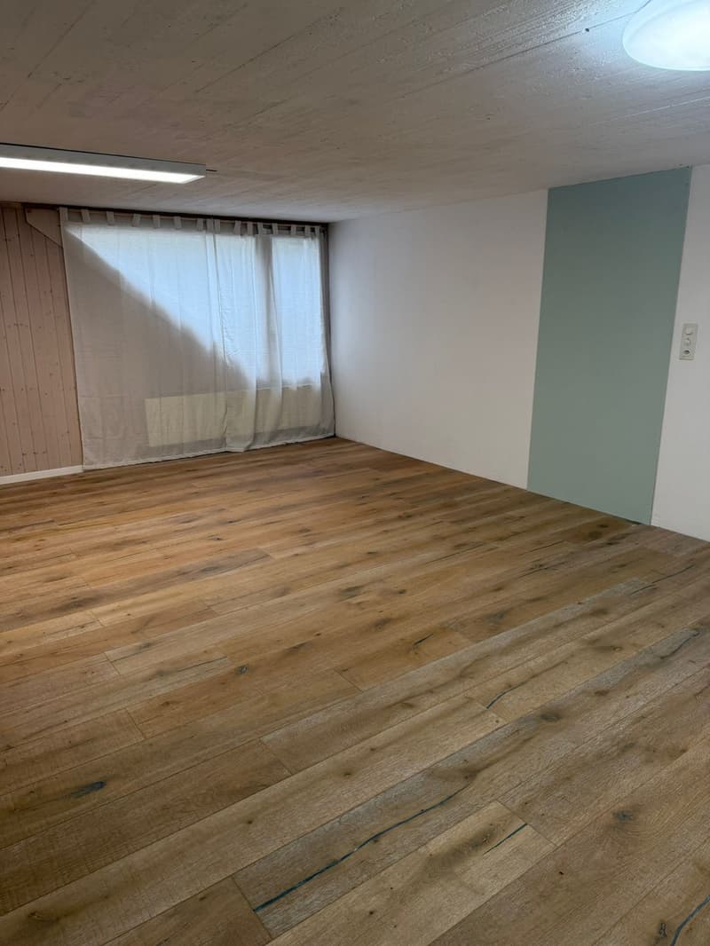 Empty room with wooden floor, white walls, white curtains, ceiling light