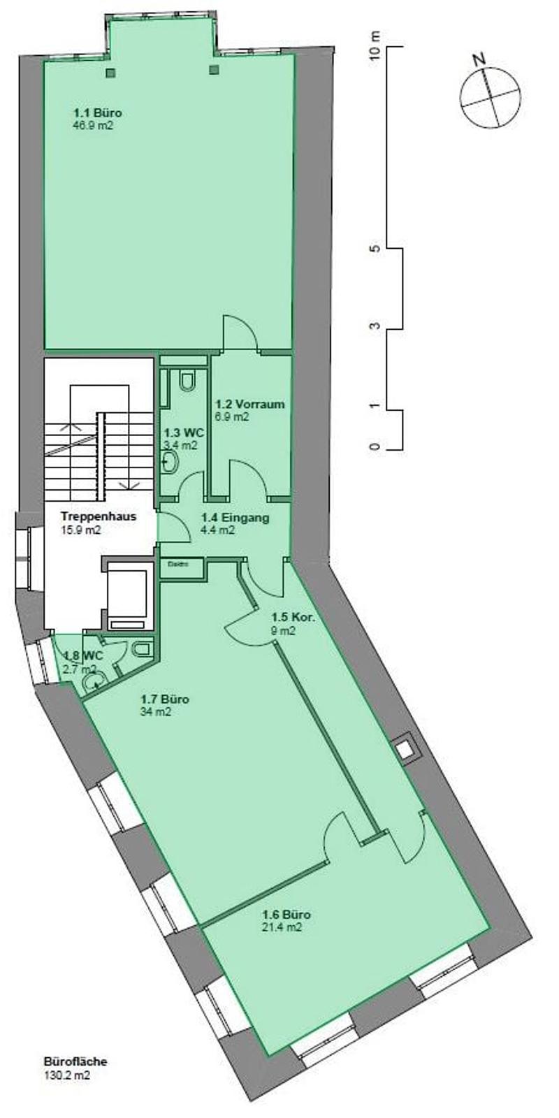 1.1 Office, 1.2 Storage room, 1.3 WC, 1.4 Entrance, 1.5 Corridor, 1.6 Office, 1.7 Office, 1.8 WC, 1.9 m2 staircase