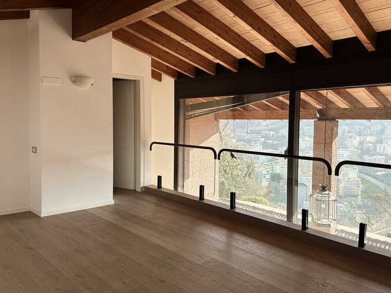 large windows, wooden floor, white walls, wooden ceiling, balcony with railings