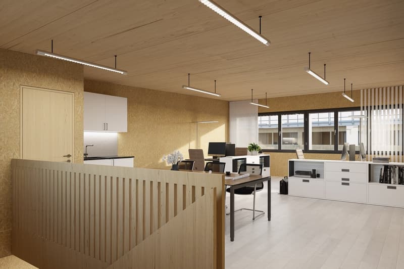 modern office with white cabinets, wooden desk, chairs, monitors, plants, and white flooring