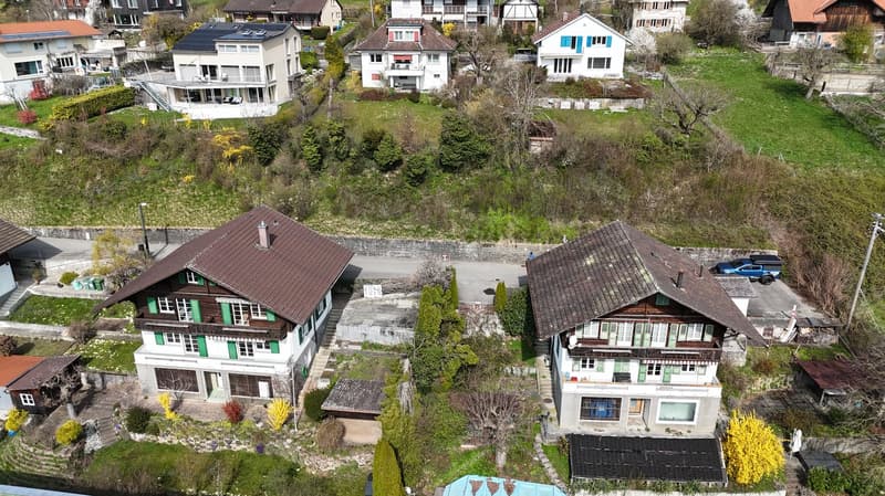 Swiss-style houses, brown roofs, green shutters, surrounded by greenery, driveways, solar panels on some roofs