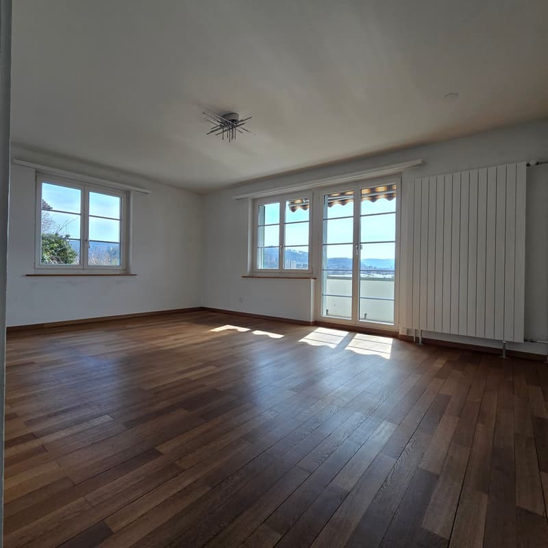 Empty room, wooden floor, large windows, sliding glass doors, white walls, white radiator, ceiling lamp