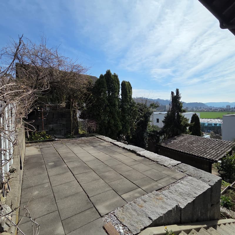 Concrete paved terrace, stone steps, stone wall, trees, plants, distant buildings, mountains, and a field